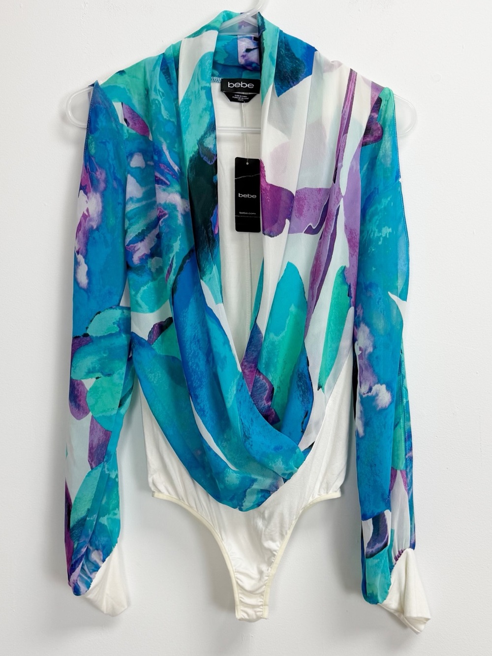 Bebe Bodysuit XS Womens Multicolor Thong Snap Sheer Sleeves NWT